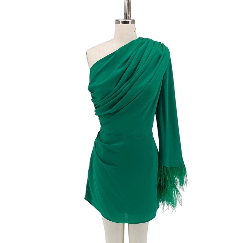 Lilly's Kloset One Shoulder Feather Mini Dress Green L cocktail party retro